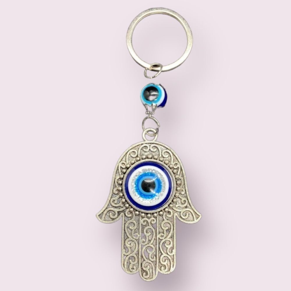 🪬 Silver Hamsa Hand Evil Eye Keychain